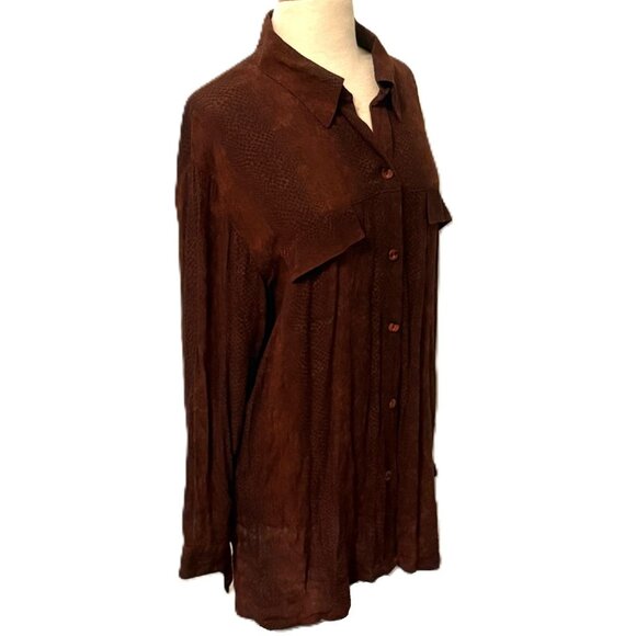 CM Shapes Brown Long Sleeve Printed Button Up Womens Shirt Top 1X 90s Y2K - Picture 3 of 8